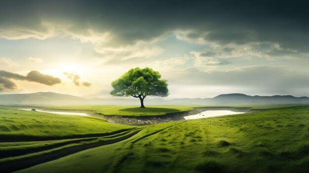 Un árbol solitario adorna el campo verde expansivo