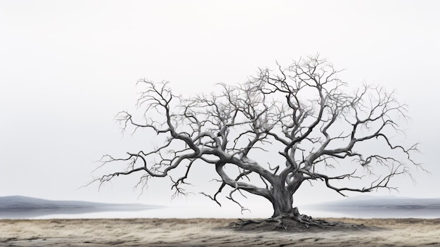 Un árbol solitario y árido se recorta contra un lienzo en blanco