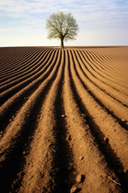 Árbol solitario en un campo arado en la primavera