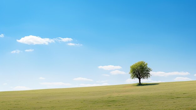 un árbol solitario en un campo de hierba con un cielo azul