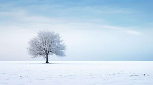 un árbol solitario en un campo nevado con un cielo azul