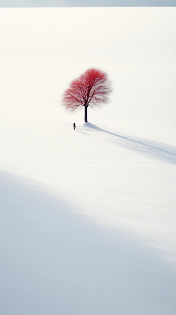 un árbol solitario en un campo nevado con una persona caminando a lo lejos