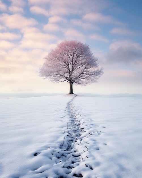 Un árbol solitario en un campo de nieve AI Generative