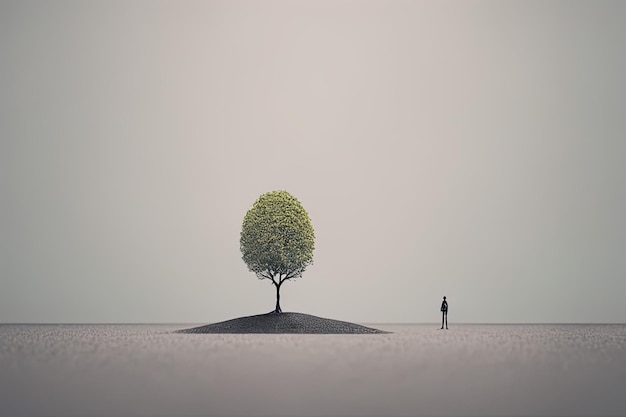 árbol solitario en el campo con una nube blanca y un hombre solitario frente a él concepto de medio ambiente