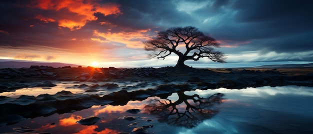 Árbol solitario en un campo rocoso al atardecer