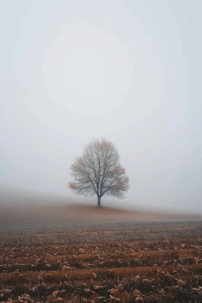 Un árbol solitario en un campo seco en un clima de niebla