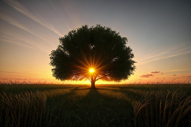 un árbol solitario en un campo de trigo al atardecer