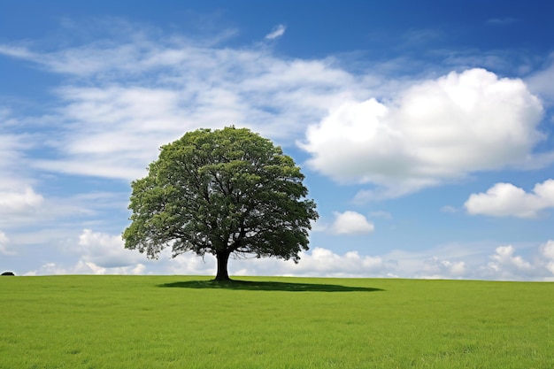 Foto Árbol solitario en el campo verde y el cielo azul con nubes blancas