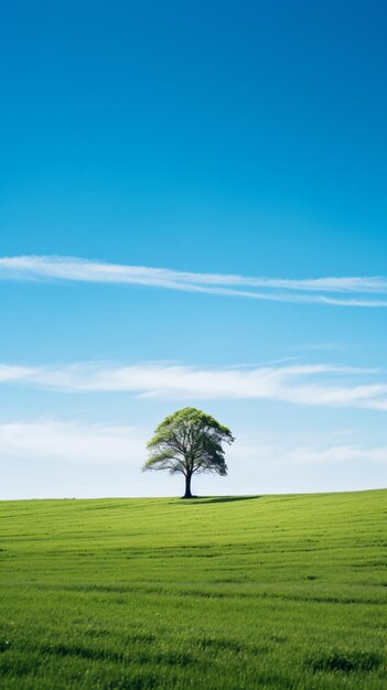 un árbol solitario en un campo verde con un cielo azul