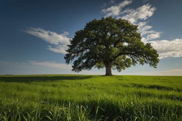 Foto Árbol solitario en un campo verde bajo un cielo vasto