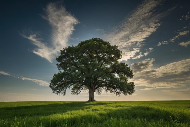 Foto Árbol solitario en un campo verde bajo un cielo vasto