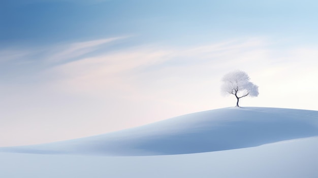 un árbol solitario en la cima de una colina cubierta de nieve