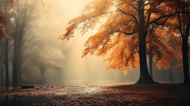 un árbol solitario en los colores de otoño paisaje de un parque de niebla vista en una tranquila mañana de octubre