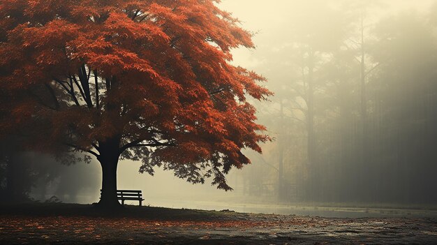 un árbol solitario en los colores de otoño paisaje de un parque de niebla vista en una tranquila mañana de octubre