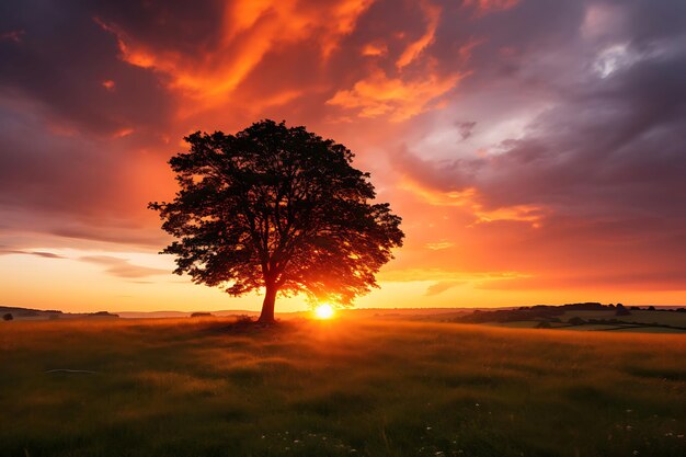 Un árbol solitario contra una puesta de sol ardiente