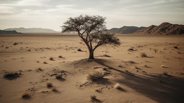 Un árbol solitario en el desierto con la puesta de sol.