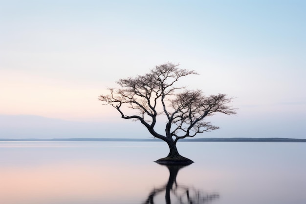 un árbol solitario se encuentra al borde de un cuerpo de agua