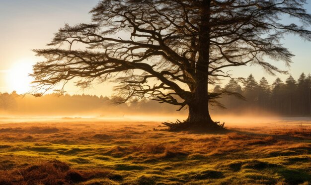 Un árbol solitario se encuentra en el borde de un bosque mientras el sol se pone proyectando una cálida luz dorada sobre la escena