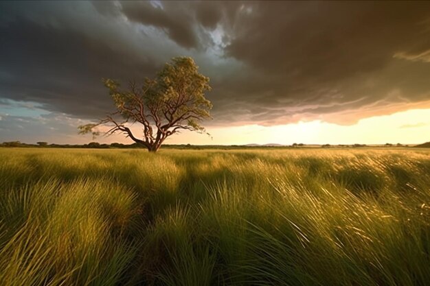 Un árbol solitario se encuentra en un campo de hierba con un cielo tormentoso detrás.