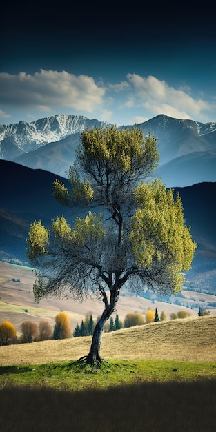 Un árbol solitario se encuentra en un campo de hierba con un telón de fondo de montañas boscosas