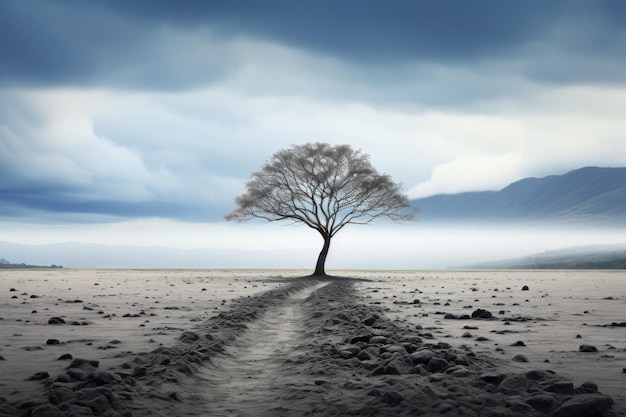 un árbol solitario se encuentra en medio de un campo árido