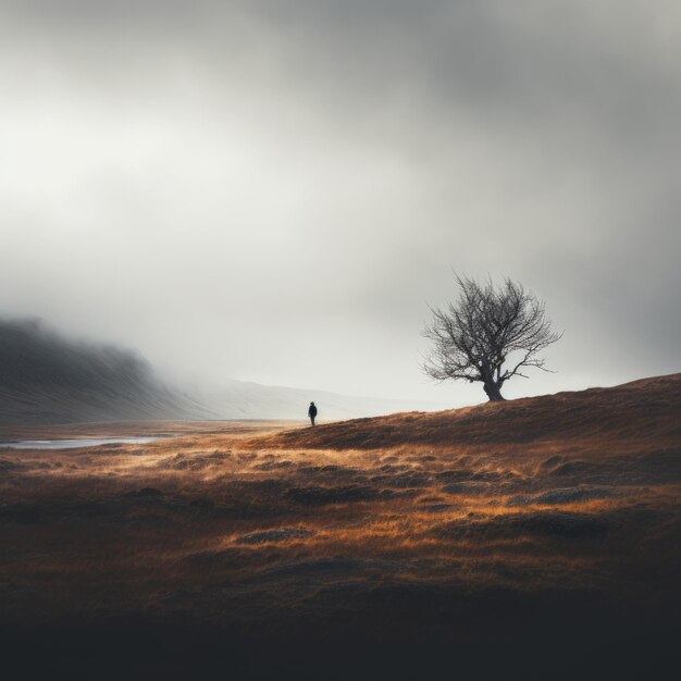 un árbol solitario se encuentra en el medio de un campo en un día de niebla