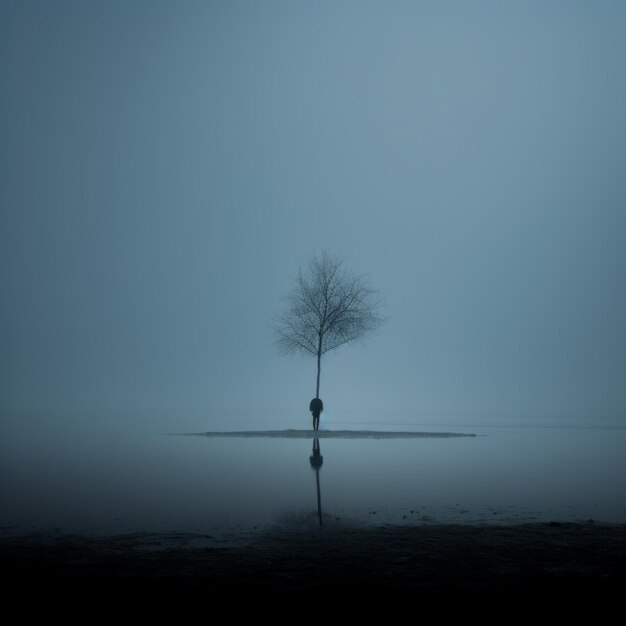 un árbol solitario se encuentra en el medio de un lago en un día de niebla