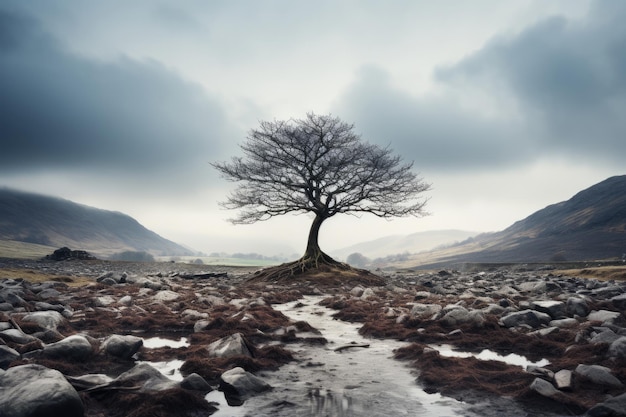 un árbol solitario se encuentra en medio de un paisaje rocoso