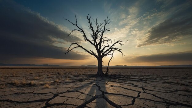 Foto un árbol solitario se encuentra en medio de un terreno agrietado y estéril que simboliza la desolación y la sequía