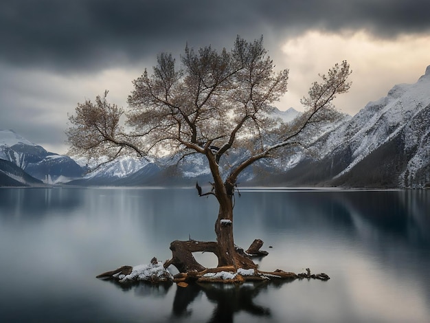 un árbol solitario se encuentra en la orilla de un lago con montañas al fondo