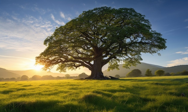 Un árbol solitario se encuentra en un prado exuberante bañado en la luz dorada del sol poniente transmitiendo una se