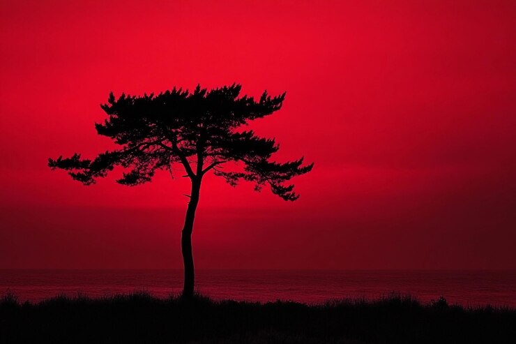 Un árbol solitario se erige en silueta mientras una brillante puesta de sol roja se refleja en el océano