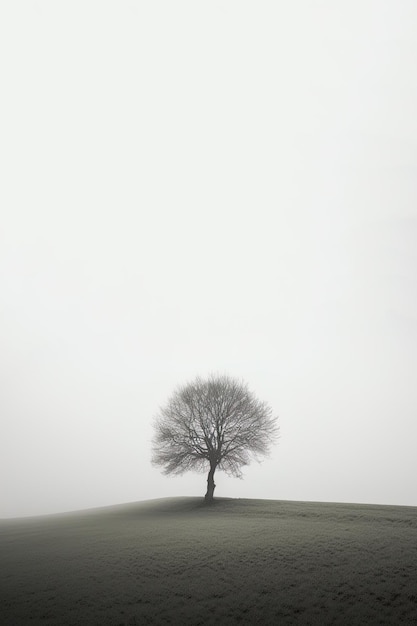 un árbol solitario está solo en un campo de niebla con espacio para copiar texto