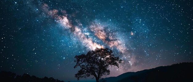 un árbol solitario en medio de un campo bajo un cielo estrellado