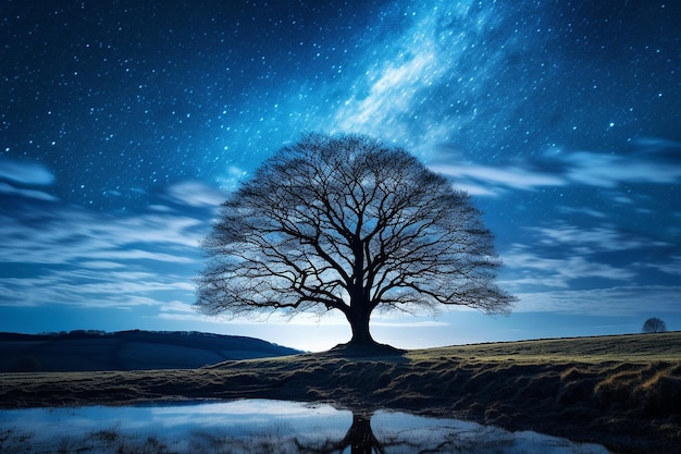 Un árbol solitario bajo una noche estrellada