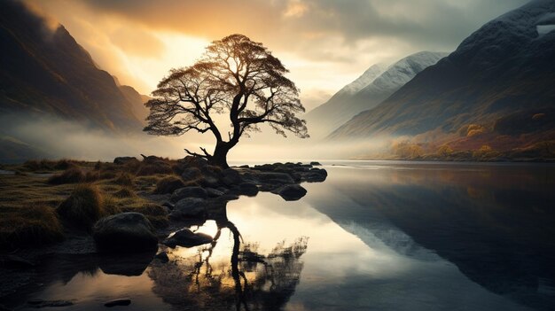 El árbol solitario en el parque nacional de Snowdonia Foto de alta calidad