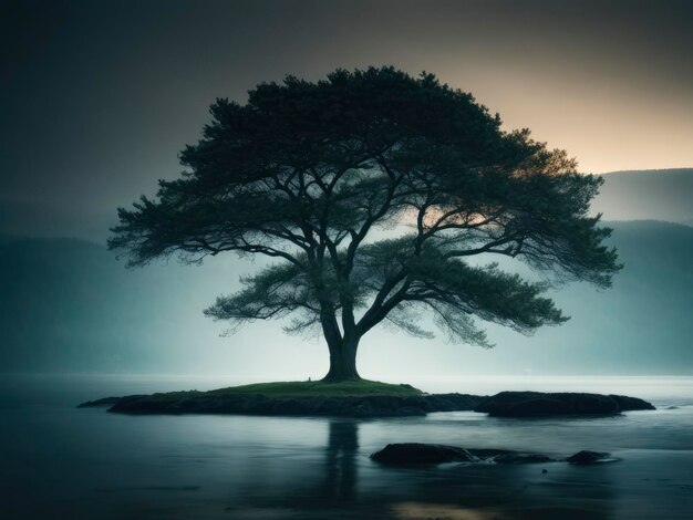 un árbol solitario en una pequeña isla en el medio de un lago