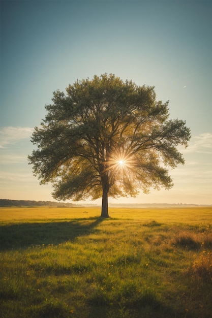 Foto Árbol solitario en el prado al amanecer estilo vintage