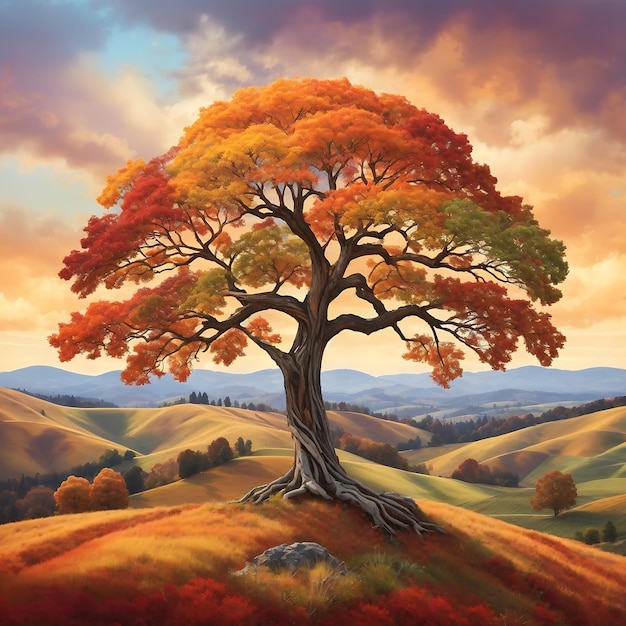 Un árbol sus ramas adornadas con un caleidoscopio de colores de otoño de pie Ai Generado