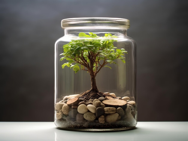 Árbol en tarro de cristal con monedas