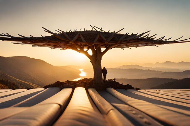 un árbol en el techo de un edificio con la puesta de sol detrás de él.