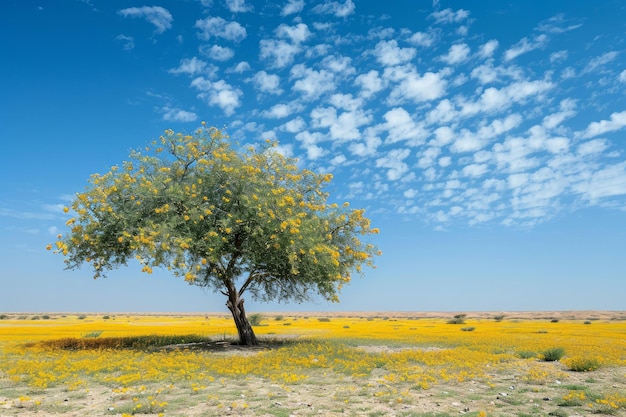 Foto Árbol de tecomilla o rohida con flores caídas en el suelo en el cielo azul en campos desérticos