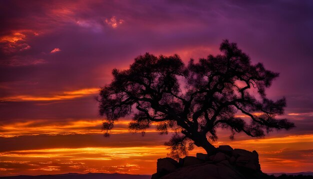 un árbol tiene una silueta contra un cielo púrpura con el sol poniéndose detrás de él