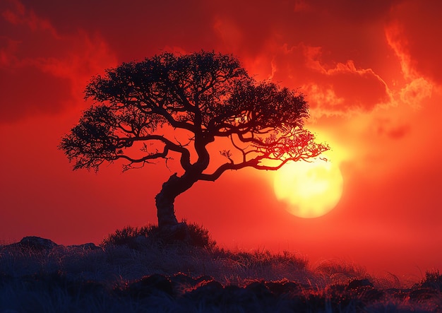 un árbol tiene una silueta contra un cielo rojo con el sol detrás de él