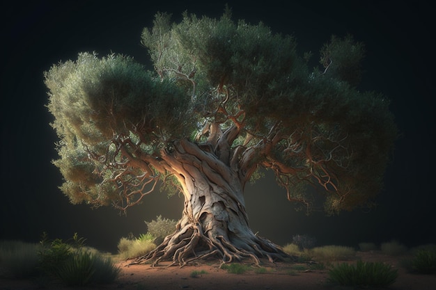 Un árbol con un tronco de árbol en la oscuridad.