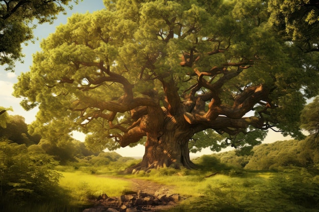 un árbol con un tronco grande y un árbol grande con un fondo de cielo