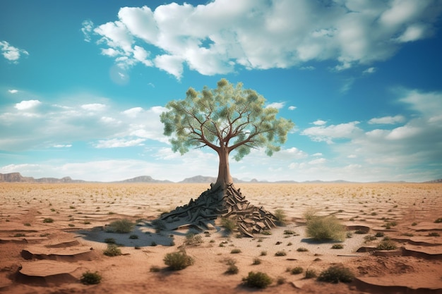 Árbol único en medio de un desierto roto en concepto de calentamiento global con IA generativa