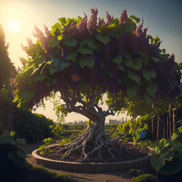 El árbol de la uva se encuentra en el centro de un jardín vibrante generado por IA