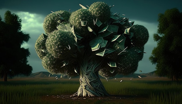 un árbol verde con billetes de dinero en el medio