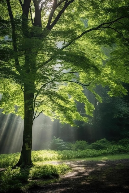 árbol verde en el bosque luz del sol día